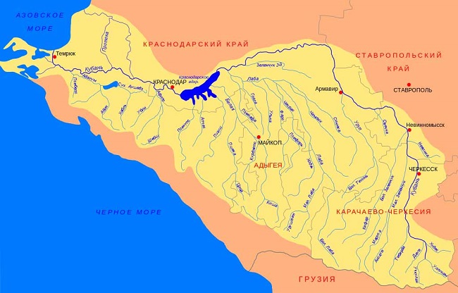 Река проходит по четырем регионам: Карачаево-Черкесии, Ставропольскому краю, Краснодарскому краю и Адыгее